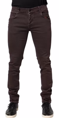 Brown Cotton Mid Waist Skinny Men Denim Jeans