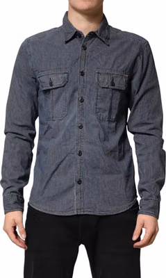 Blue White Button Down Long Sleeves Men Denim Shirt