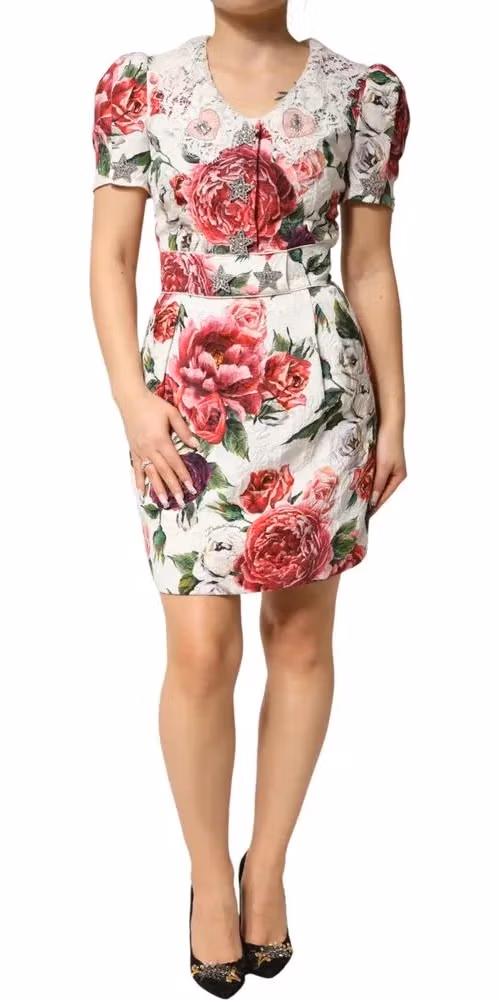 Dolce & Gabbana White Floral Embellished Sheath Mini Dress