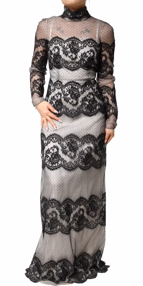 Dolce & Gabbana Black White Lace Silk Blend MaxiSheath Dress
