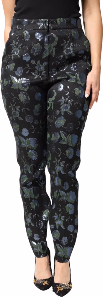 Dolce & Gabbana BlueGreen Floral Metallic Slim Trouser Pants