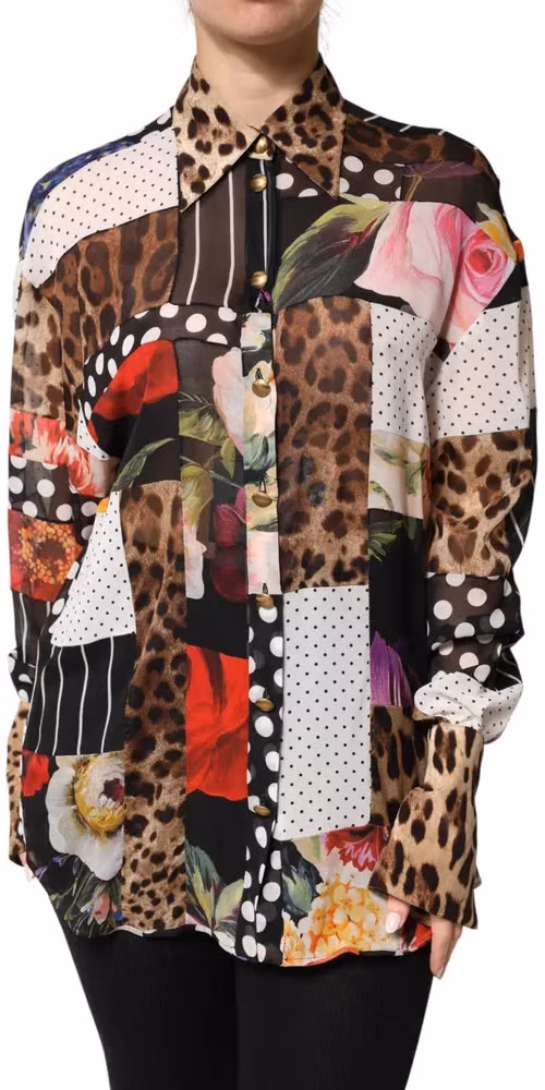 Dolce & Gabbana Multicolor Patchwork Silk CollaredBlouse Top